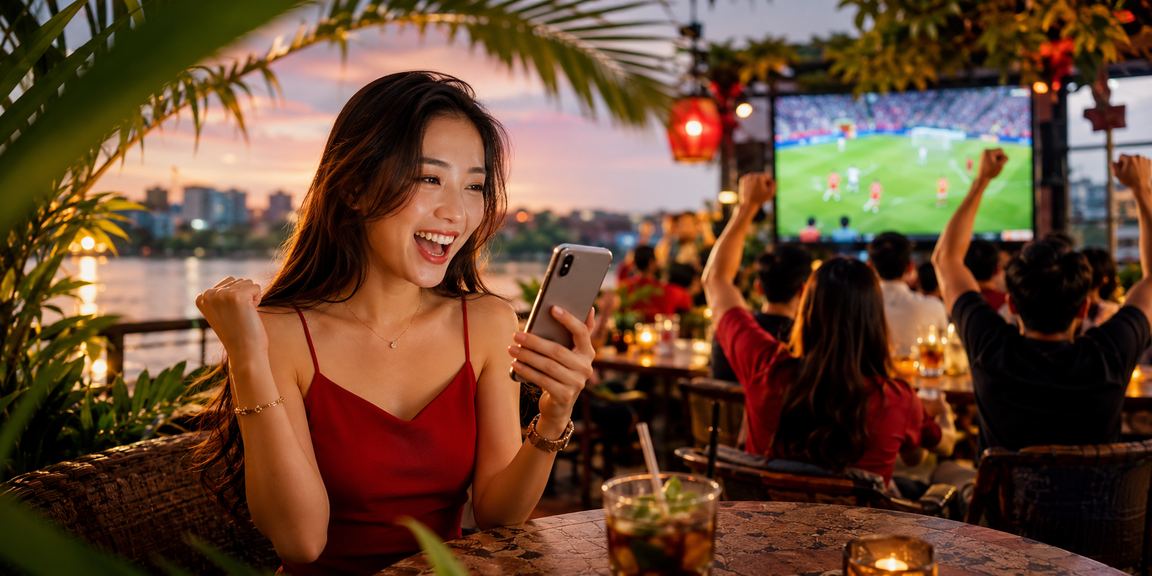 Người dùng Hà Nội trải nghiệm casino app trên điện thoại trong quán cà phê buổi tối