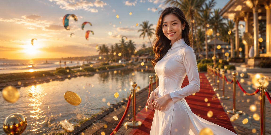 Người phụ nữ mặc áo dài tại Mũi Né nhận bonus hoàn tiền từ chương trình rebate v2ray