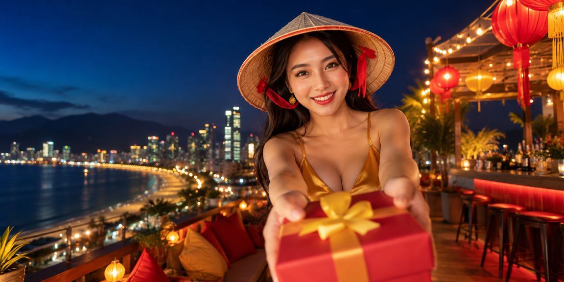 Người phụ nữ đội nón lá tại Nha Trang sử dụng ứng dụng cá cược trên điện thoại ngoài trời